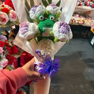Handmade Crochet Flower Bouquet with Frog